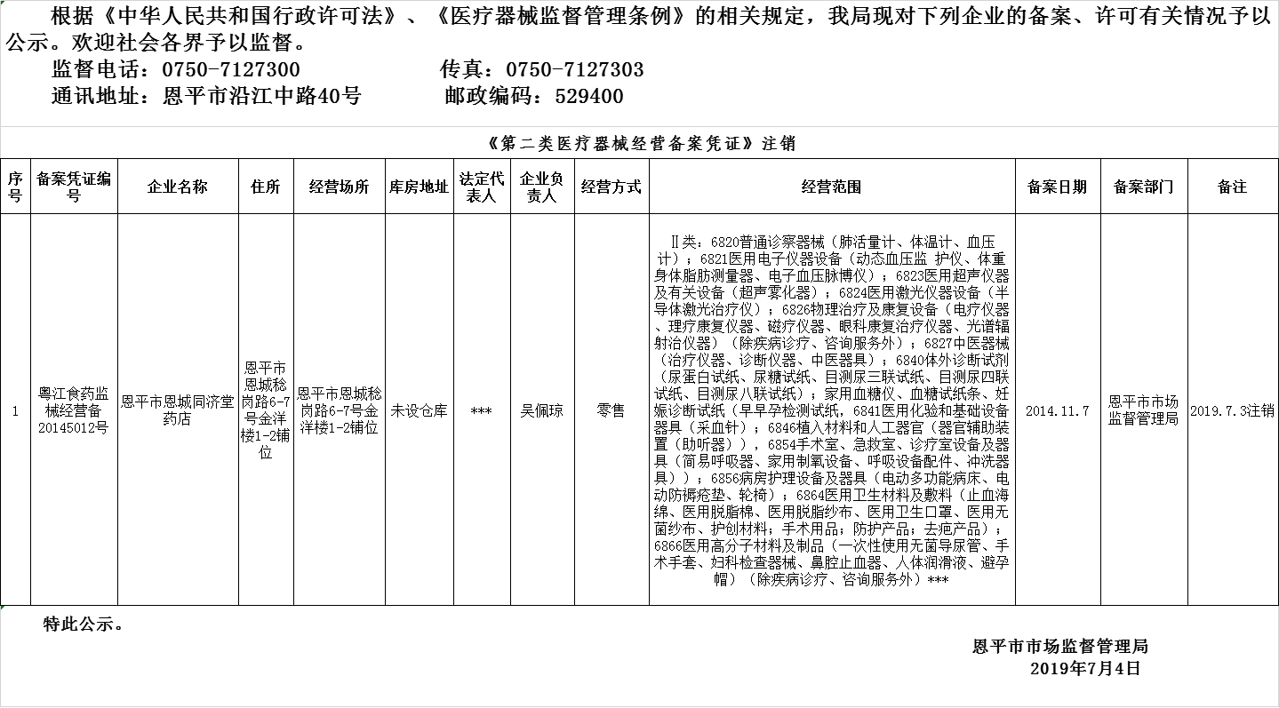 欧亚国际官网
2019年第十期医疗器械经营企业备案、许可注销公示--二类备案.png